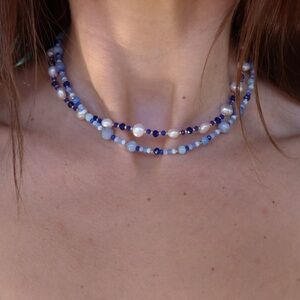 Genuine Freshwater Pearl & Crystal Necklace Bundle | Blue Gemstone |